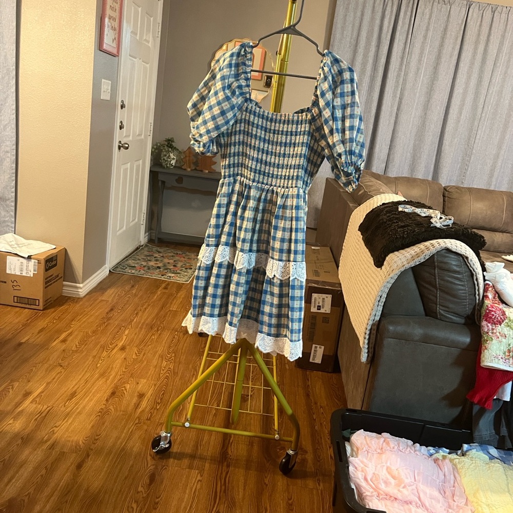 Oddi Blue Gingham Smocked Mini Dress with Lace Trim